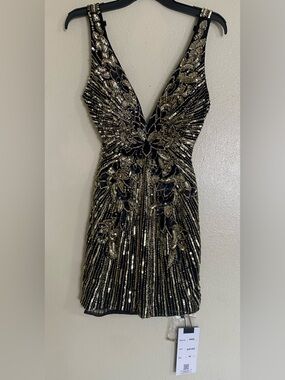 Black & Gold Sequin V-Neck Mini Dress